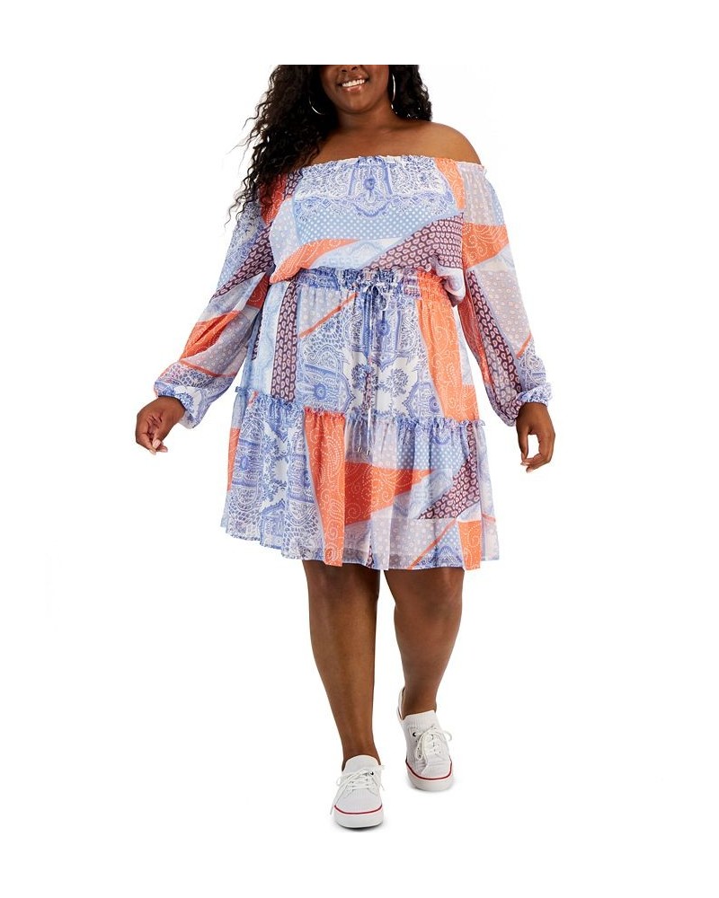 Plus Size Patchwork-Print Off-The-Shoulder Dress Sky Blue/Bloom $53.78 Dresses