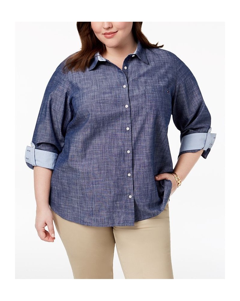 Plus Size Cotton Chambray Roll-Sleeve Shirt Chambray $28.04 Tops